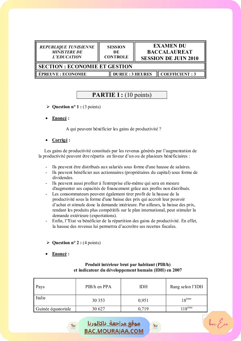 Corrigé controle eco Bac 2010 – Section eco